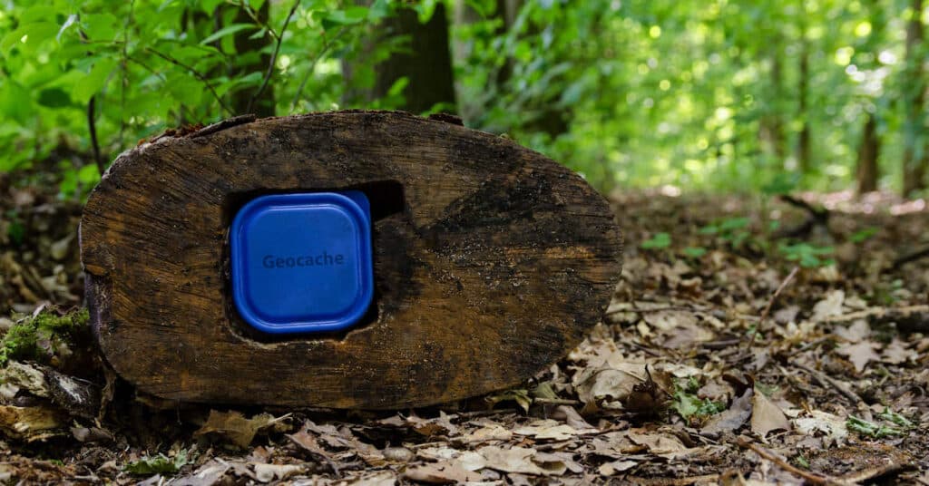 Geocaching box im Wald beim Kindergeburtstag finden