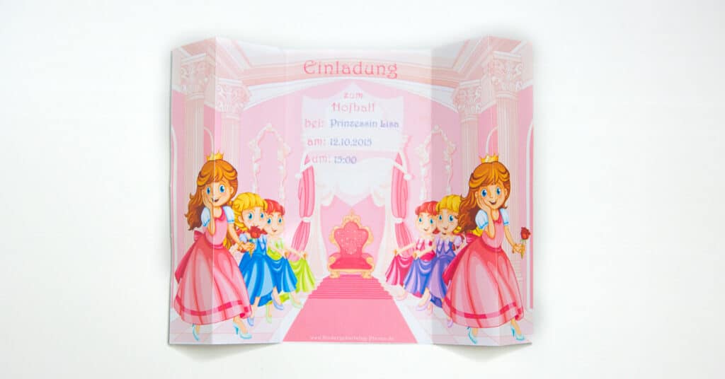 Prinzessin Einladung 3D-effekt, rosa selbst ausdrucken kostenlos