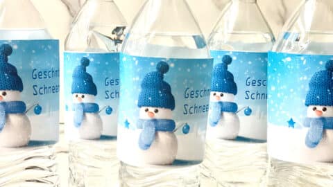geschmolzener Schneemann Wasser Flaschen mit Etikett Getränk Kindergeburtstag
